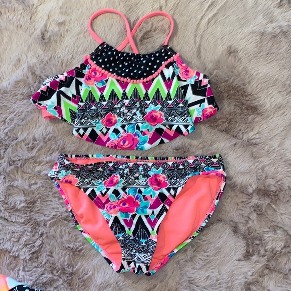 Wonder Nation M (7-8) girls 2-piece bikini swimsuit black pink neon green white‌ - Picture 2 of 13